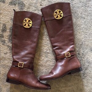Tory Burch Brown Heeled Boots with Gold Accents